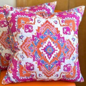 Set/2 Vibrant Pink & Orange Persian Design Outdoor Patio Pillow Cushion Covers
